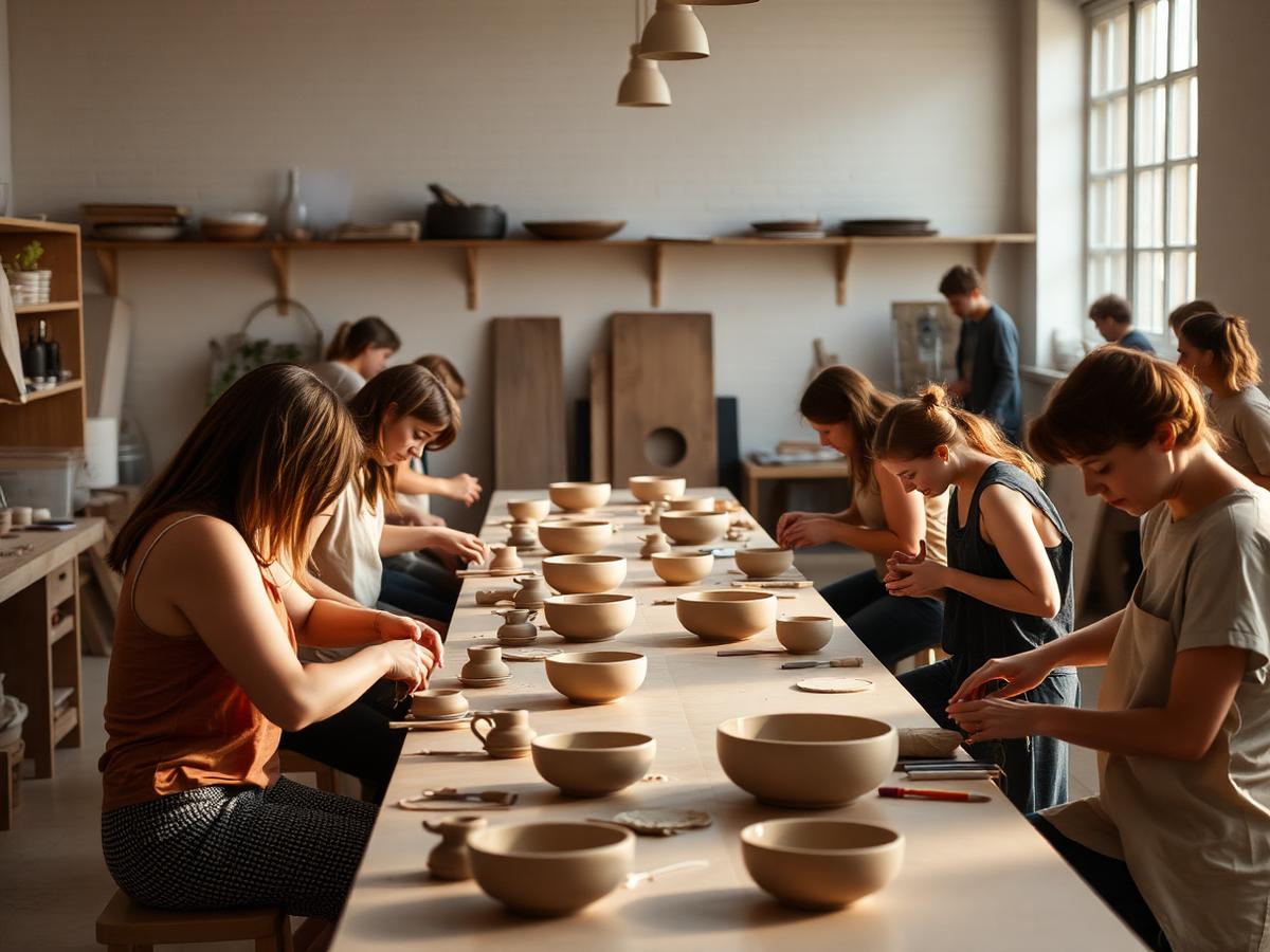 Makers hand-building ceramics together at a long studio table