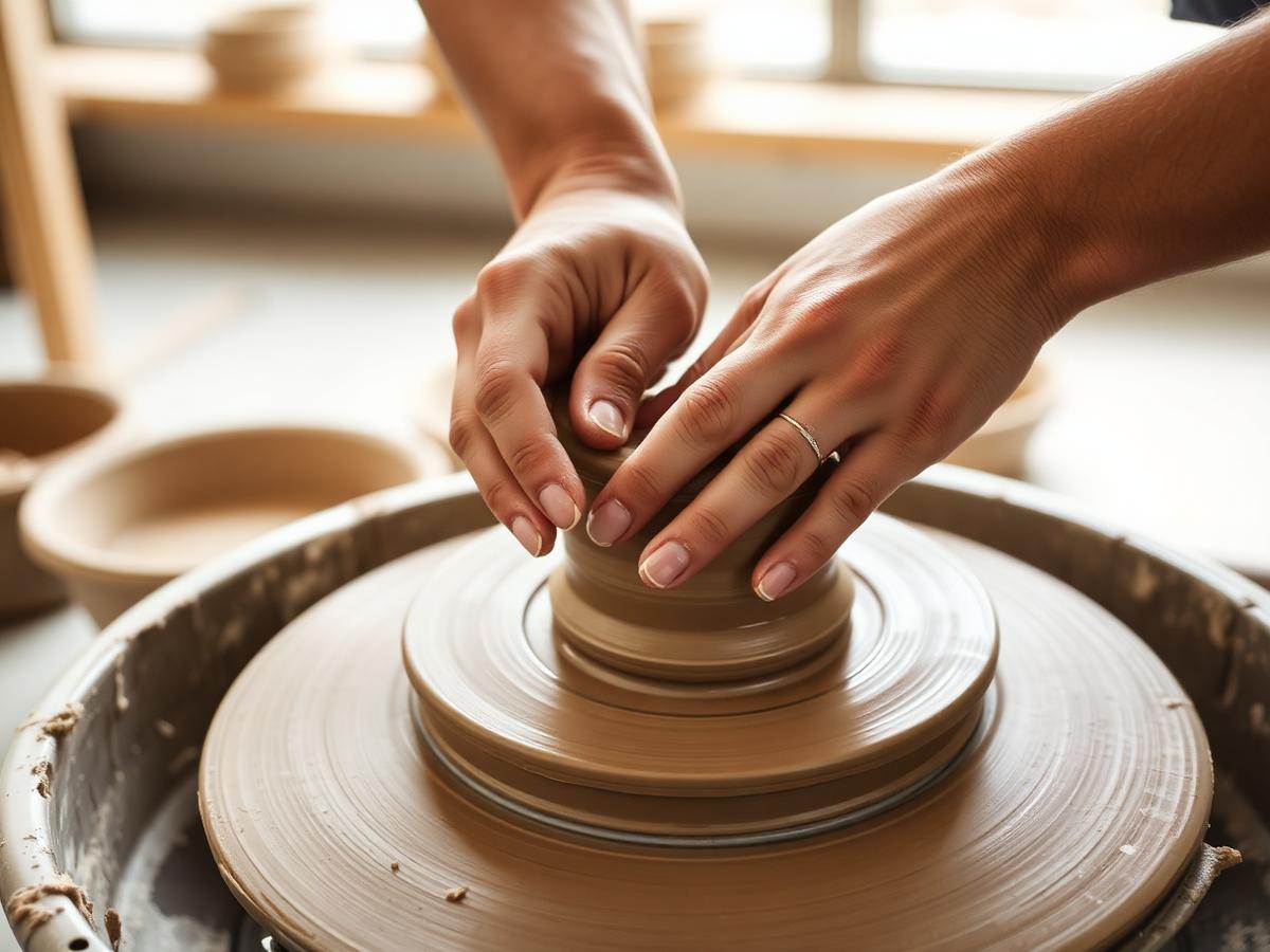 Hands centering clay on a pottery wheel